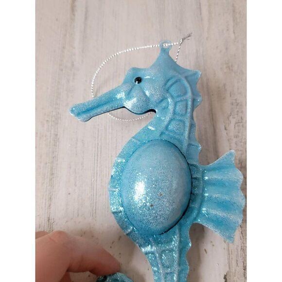 Metal Glitter blue seahorse bell ornament Xmas decor ocean beach - Picture 3 of 5